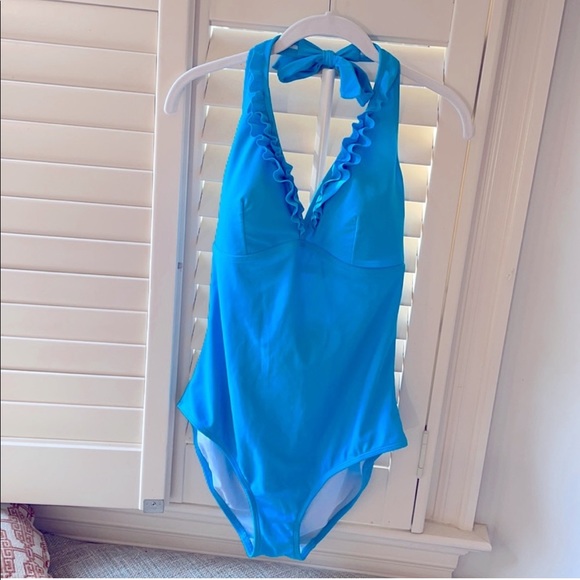 Boden Swim Boden Turquoise Onepiece Halter Swim Suit With Ruffles